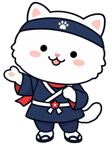 Yuki, your cat guide, standing behind the wooden fence